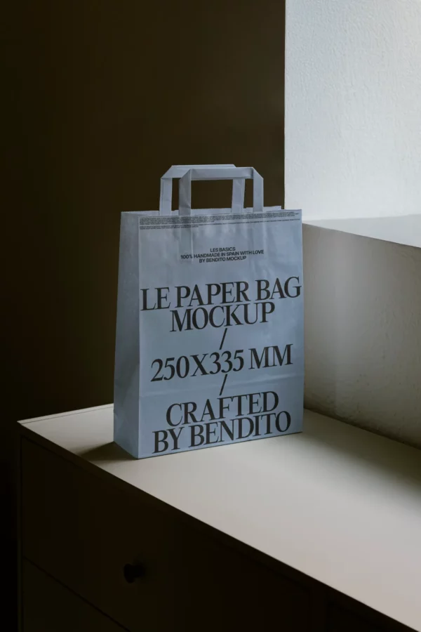 Minimal paper bag mockup with top handles, placed on a cabinet in soft natural light. Dimensions: 250 x 335 mm.