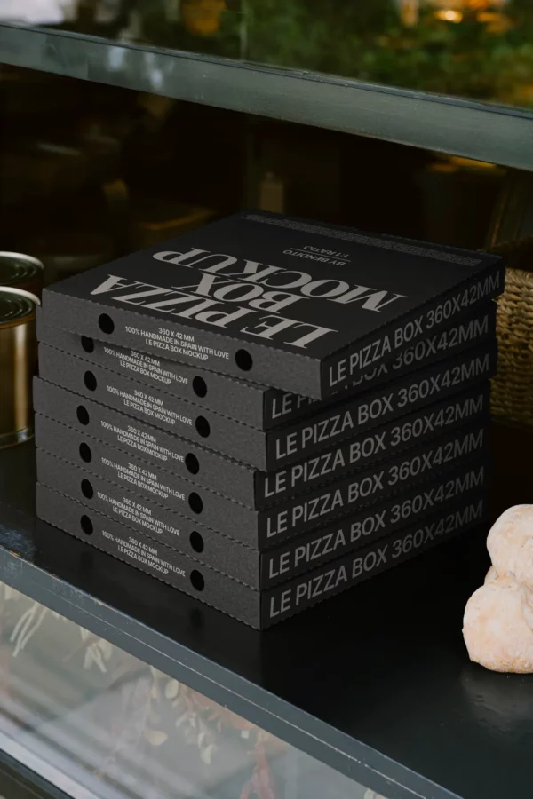 Stack of black pizza boxes with modern typography, displayed inside a shop setting. Dimensions: 360 x 42 mm.