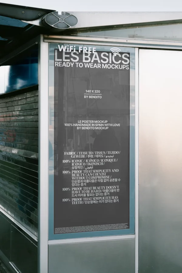 Urban bus stop poster mockup with minimalist design and multilingual copy. Size: 140 x 320 mm.