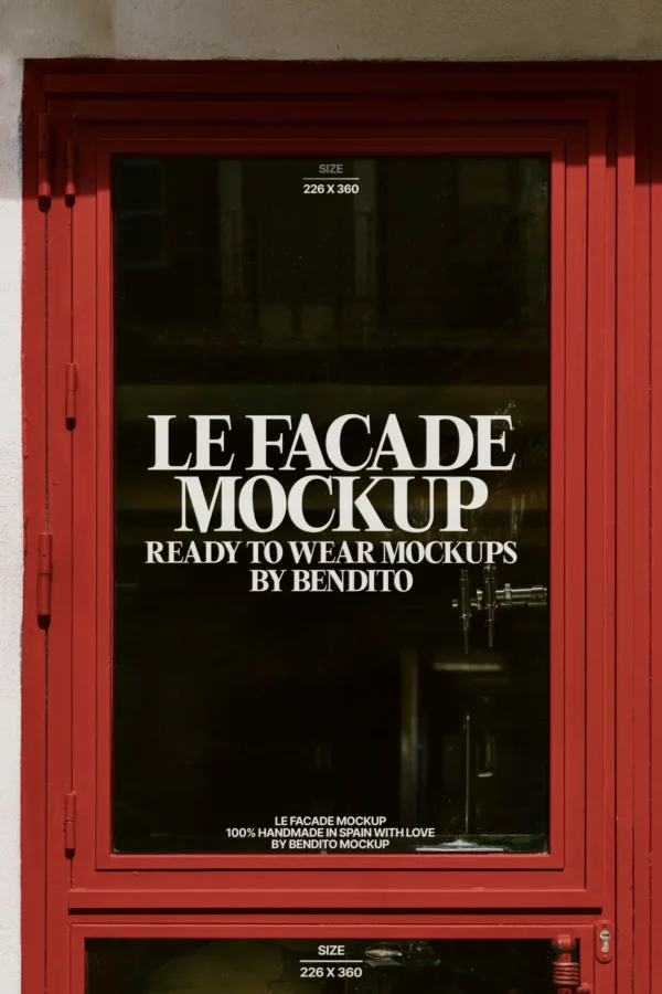 Window facade mockup framed by a red storefront. Sized for 226 × 360 designs, ideal for retail branding, posters, or street campaigns.