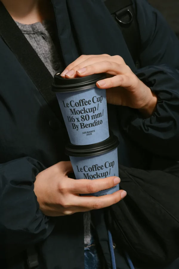 A person in a dark jacket holds two stacked blue mockup coffee cups with black lids. The cups read, Le Coffee Cup Mockup / 16 x 80 mm / By Bendito.