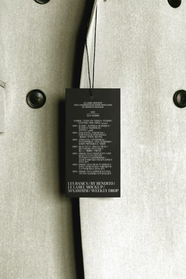 A close-up mockup of a light gray, double-breasted coat with black buttons. A black rectangular tag with white text hangs from a string on the coat’s front, its text partially readable.