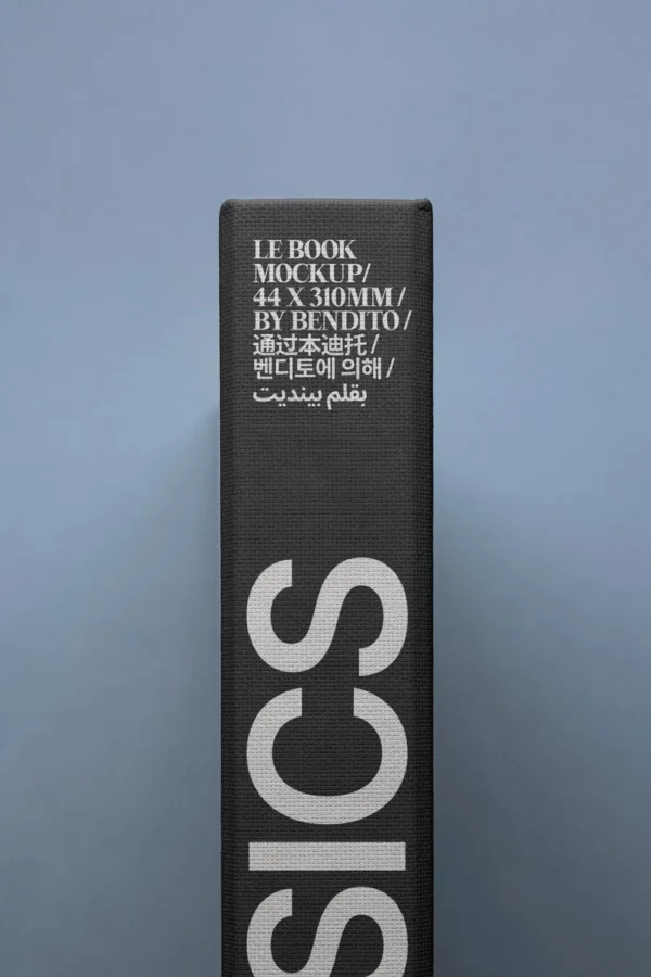 The spine of a black hardcover book against a light blue background. The spine features the word BASICS vertically and white multilingual text at the top with book mockup details.