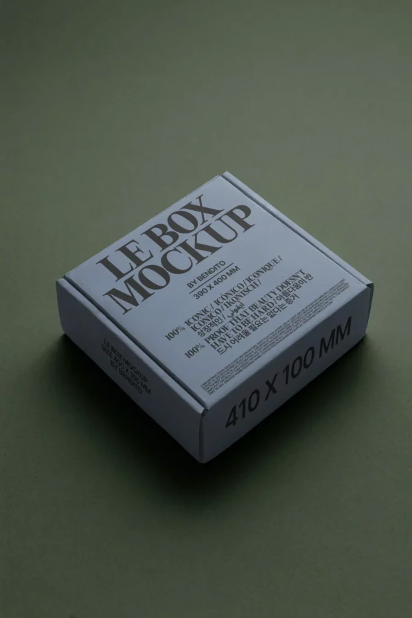 A square gray box with “LE BOX MOCKUP” in large bold letters on the lid, sitting on a green surface. The box has various text details and dimensions “410 x 100 MM” printed on the side.