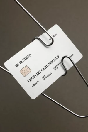 A white credit card mockup clipped to a metallic wire, displayed against a plain, neutral background. The card features text, a chip graphic, and details like “BY BENDITO” and “LE CREDIT CARD MOCKUP.”.