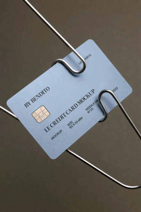 A blue mockup credit card with a chip and black text is held upright by a bent metal wire against a plain gray background.