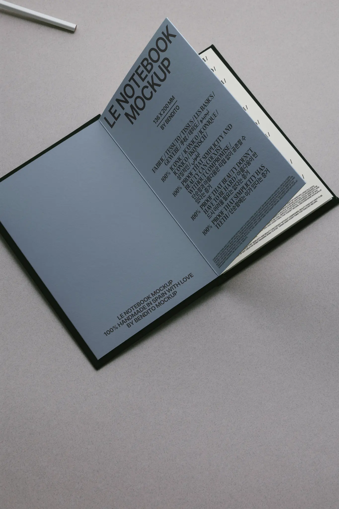 An open notebook with gray pages lies on a gray surface. The left page displays text about the notebook mockup, and a separate sheet with similar text partially covers the right side. A pen is visible at the top left.