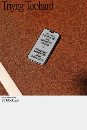 A smartphone with a mockup screen displaying text lies on a textured brown surface next to a light-colored wooden strip. The screen text includes TRYING TOOHARD, mockup details, and dimensions.