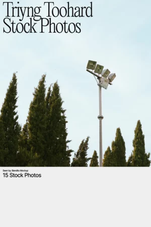 A tall outdoor floodlight stands above a row of evergreen trees under a pale blue sky. Large black text at the top reads Trying Toohard Stock Photos.