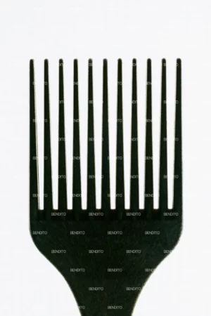 A black afro pick comb with wide, evenly spaced teeth is shown upright against a plain white background.