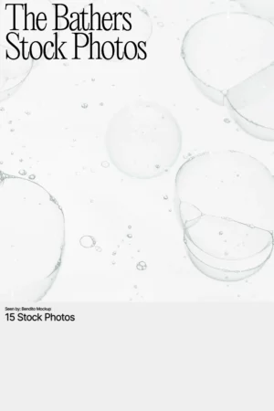 A minimalistic image with overlapping transparent bubbles on a white surface, overlaid with the text The Bathers Stock Photos at the top and 15 Stock Photos at the bottom.