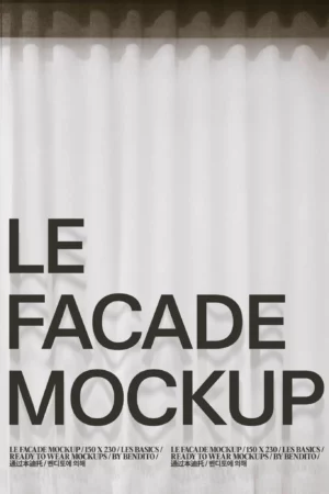 A mockup image with large bold text reading LE FACADE MOCKUP over a white curtain background. Smaller text at the bottom displays dimensions and details in multiple languages.