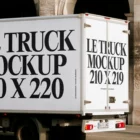 A white delivery truck parked on a city street with large black text on its side and rear reading “LE TRUCK MOCKUP 210 X 220” and “LE TRUCK MOCKUP 210 X 219.” Stone arches are in the background.