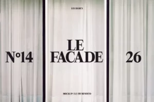 White curtains behind tall windows with bold black text in the center reading LE FACADE. Smaller text at the top says LES BASICS, and on the sides are Nº14 and 26. Bottom text reads MOCKUP 232 / BY BENDITO.