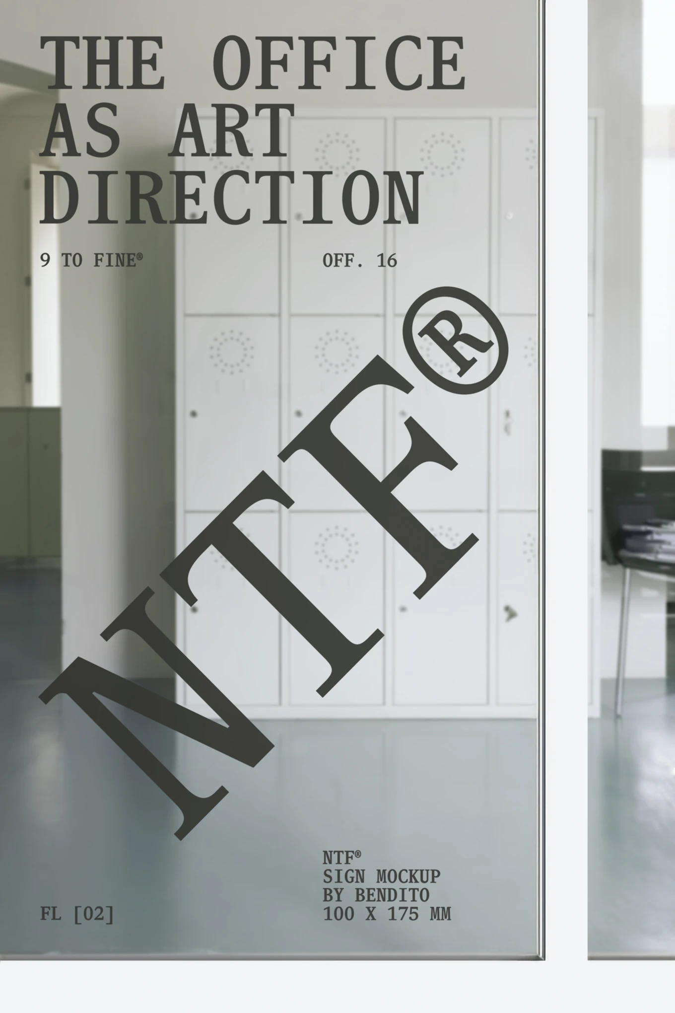 A glass door with the text THE OFFICE AS ART DIRECTION and a large diagonal NTF® printed on it, revealing a modern office interior with white lockers and a chair in the background.