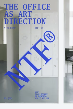 Glass office door with blue text reading THE OFFICE AS ART DIRECTION, NTF® in large diagonal letters, and locker cabinets visible in the background. Additional small text and numbers are also present.