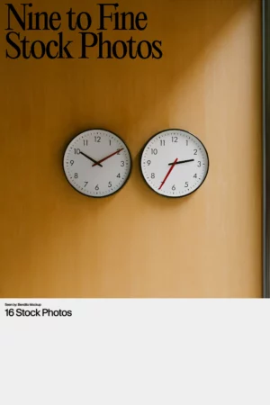 Two wall clocks showing different times hang on a light wood wall. Large text above them reads “Nine to Fine Stock Photos.” Minimalist and clean office-themed design.