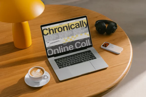 A laptop displaying bold text, a pair of black headphones, a smartphone, and a cup of latte art are arranged on a round wooden table next to a modern yellow lamp.