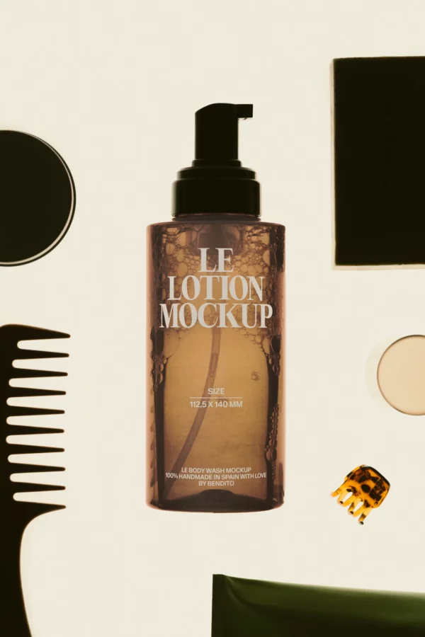 A brown pump bottle labeled LE LOTION MOCKUP is centered among hair and beauty items, including a black comb, a hair clip, a bar of soap, a round container, and a green tube, all on a light background.