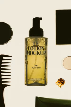 A clear pump bottle labeled LE LOTION MOCKUP is centered, surrounded by a black comb, a hair clip, a round container, and other toiletries on a light background.